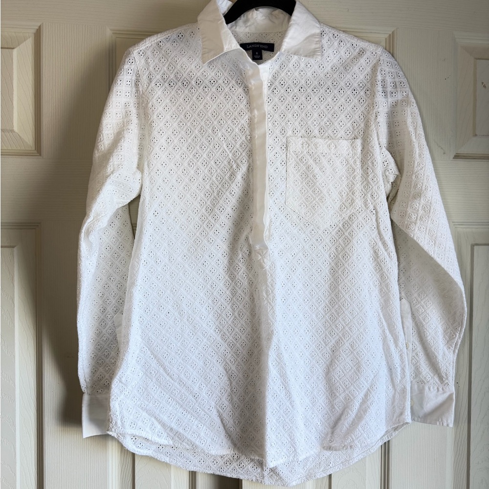 NWOT Lands End Crisp White Eyelet Button-Up Pullover Shirt